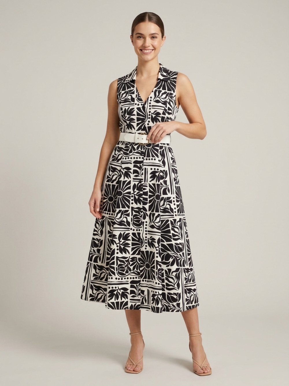 Sleeveless Black and White Printed Midi Dress with Belt